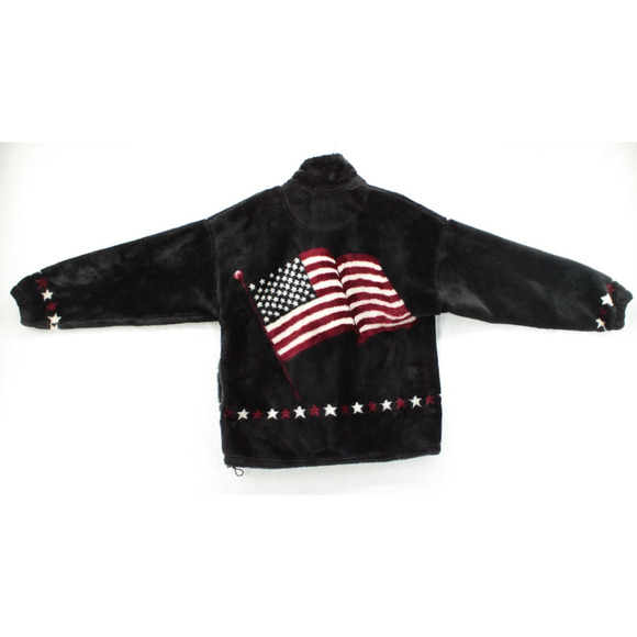 VTG 90s Bear Ridge Sherpa Fleece USA Flag Images in fur Jacket USA Made Small - Picture 1 of 10
